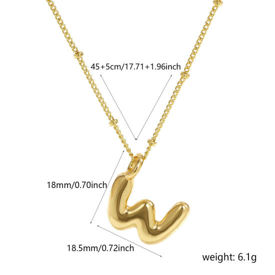 Image de Collier à Breloques Alphabet Majuscule Lettre Initiale Plaqué Or Véritable 18K en Laiton Pour Femmes, Chaîne Maille Cheval 45cm + 5cm, Message " W " Exquis Cadeau, Respectueux de la Nature, 1 Pièce