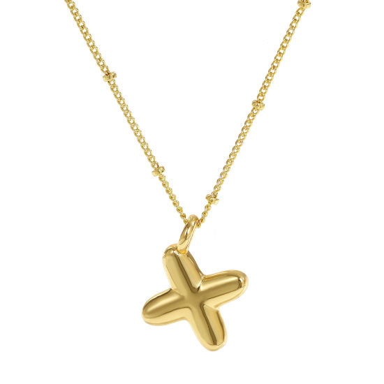 Image de Collier à Breloques Alphabet Majuscule Lettre Initiale Plaqué Or Véritable 18K en Laiton Pour Femmes, Chaîne Maille Cheval 45cm + 5cm, Message " X " Exquis Cadeau, Respectueux de la Nature, 1 Pièce