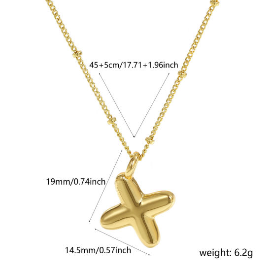 Image de Collier à Breloques Alphabet Majuscule Lettre Initiale Plaqué Or Véritable 18K en Laiton Pour Femmes, Chaîne Maille Cheval 45cm + 5cm, Message " X " Exquis Cadeau, Respectueux de la Nature, 1 Pièce
