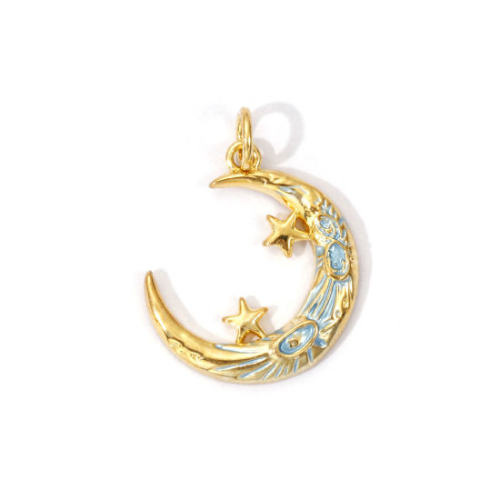 Picture of 2 PCs Eco-friendly Brass Galaxy Charms 18K Real Gold Plated Blue Enamel Crescent Moon Star 22mm x 17mm