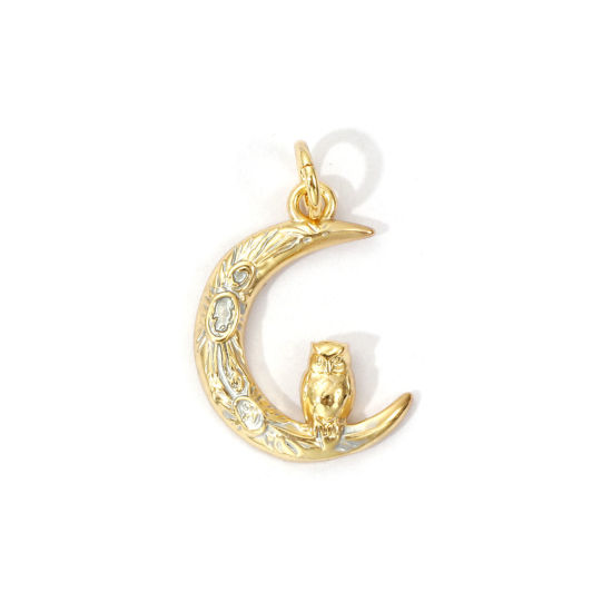 Picture of 2 PCs Eco-friendly Brass Galaxy Charms 18K Real Gold Plated Silver Color Enamel Crescent Moon Owl 20mm x 13mm