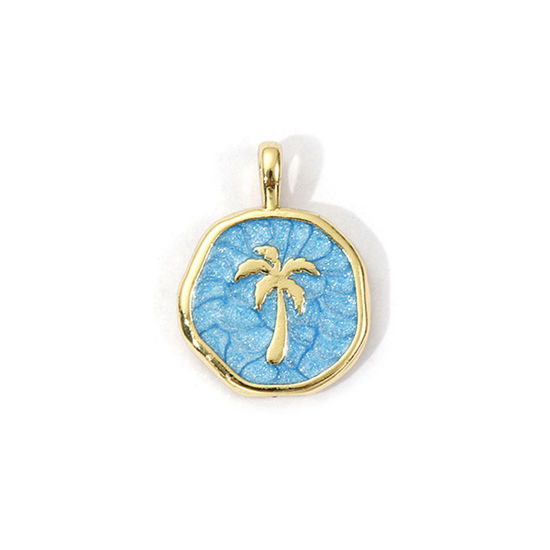 Picture of 1 Piece Eco-friendly Brass Charms 18K Real Gold Plated Blue Enamel Round Coconut Palm Tree Pearlized 18.5mm x 14mm