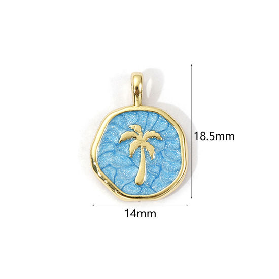 Picture of 1 Piece Eco-friendly Brass Charms 18K Real Gold Plated Blue Enamel Round Coconut Palm Tree Pearlized 18.5mm x 14mm