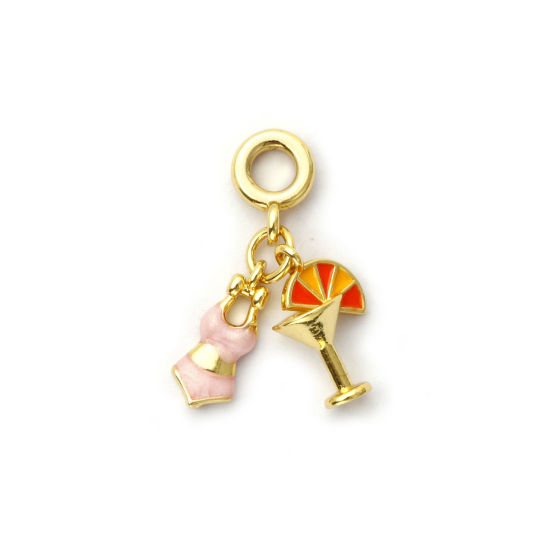 Picture of 1 Piece Eco-friendly Brass Clothes Dangle Charm Beads For Bracelet Necklace Jewelry Making 18K Real Gold Plated Light Pink Enamel Wine Glass 26mm