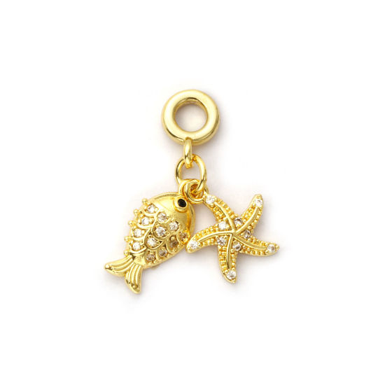 Picture of 1 Piece Eco-friendly Brass Ocean Jewelry Dangle Charm Beads For Bracelet Necklace Jewelry Making 18K Real Gold Plated Fish Animal Micro Pave Clear Cubic Zirconia 26mm
