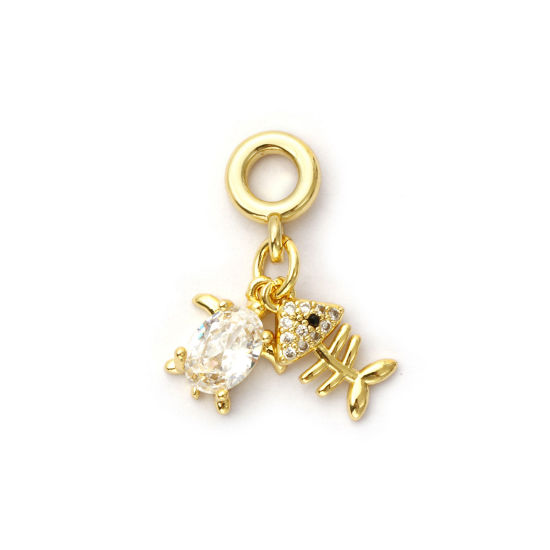 Picture of 1 Piece Eco-friendly Brass Ocean Jewelry Dangle Charm Beads For Bracelet Necklace Jewelry Making 18K Real Gold Plated Tortoise Animal Micro Pave Clear Cubic Zirconia 23mm