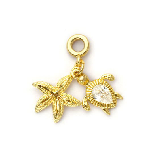 Picture of 1 Piece Eco-friendly Brass Ocean Jewelry Dangle Charm Beads For Bracelet Necklace Jewelry Making 18K Real Gold Plated Tortoise Animal Clear Cubic Zirconia 29mm