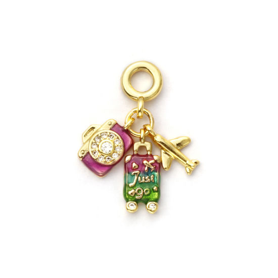 Picture of 1 Piece Eco-friendly Brass Travel Dangle Charm Beads For Bracelet Necklace Jewelry Making 18K Real Gold Plated Green Enamel Camera Micro Pave Clear Cubic Zirconia 26mm