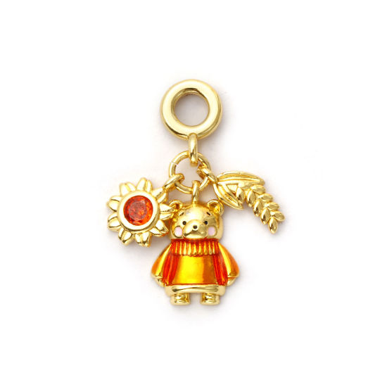 Picture of 1 Piece Eco-friendly Brass Travel Dangle Charm Beads For Bracelet Necklace Jewelry Making 18K Real Gold Plated Orange Enamel Bear Animal Orange Cubic Zirconia 26mm