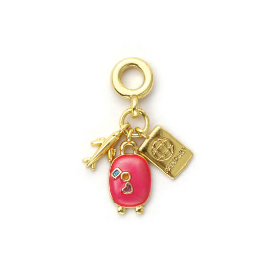 Picture of 1 Piece Eco-friendly Brass Travel Dangle Charm Beads For Bracelet Necklace Jewelry Making 18K Real Gold Plated Hot Pink Enamel Airplane 26mm