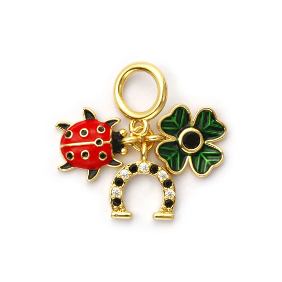 Picture of 1 Piece Eco-friendly Brass Travel Dangle Charm Beads For Bracelet Necklace Jewelry Making 18K Real Gold Plated Red Enamel Ladybug Animal Micro Pave Clear Cubic Zirconia 3cm