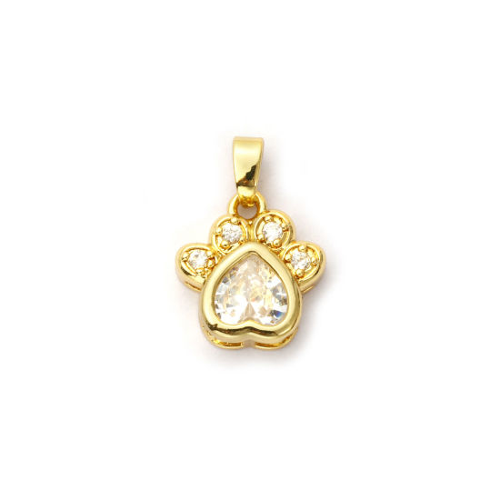 Picture of 2 PCs Eco-friendly Brass Pet Memorial Charm Pendant 18K Real Gold Plated Paw Print Micro Pave Clear Cubic Zirconia 18mm x 13mm