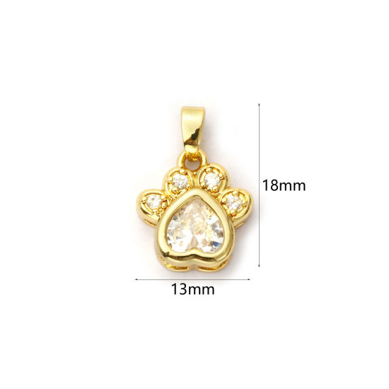 Picture of 2 PCs Eco-friendly Brass Pet Memorial Charm Pendant 18K Real Gold Plated Paw Print Micro Pave Clear Cubic Zirconia 18mm x 13mm