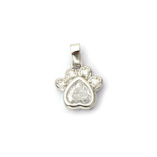 Picture of 2 PCs Eco-friendly Brass Pet Memorial Charm Pendant Real Platinum Plated Paw Print Micro Pave Clear Cubic Zirconia 18mm x 13mm