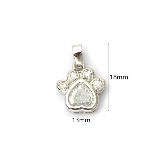 Picture of 2 PCs Eco-friendly Brass Pet Memorial Charm Pendant Real Platinum Plated Paw Print Micro Pave Clear Cubic Zirconia 18mm x 13mm