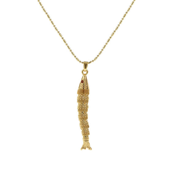 Image de Collier à Breloques Poisson Plaqué Or Véritable 18K en Laiton Pour Femmes, Chaîne Maille Bille 45cm + 5cm, à Zircone Cubique Orange 3D Mobile, Bijoux d'Océan À la Mode Cadeau, Respectueux de la Nature, 1 Pièce