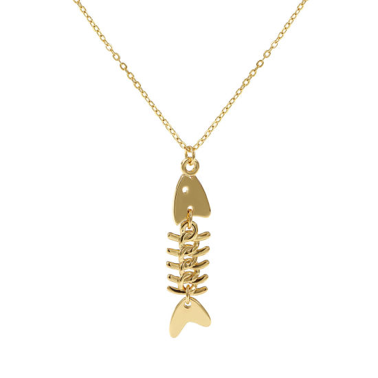 Image de Collier à Breloques Os de Poisson Plaqué Or Véritable 18K en Laiton Unisexe, Chaîne Maille Forçat 46cm + 6cm, Mobile, Bijoux d'Océan À la Mode Cadeau, Respectueux de la Nature, 1 Pièce