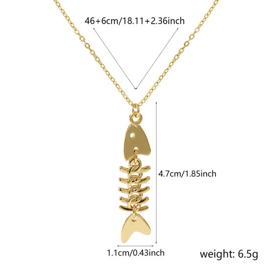 Image de Collier à Breloques Os de Poisson Plaqué Or Véritable 18K en Laiton Unisexe, Chaîne Maille Forçat 46cm + 6cm, Mobile, Bijoux d'Océan À la Mode Cadeau, Respectueux de la Nature, 1 Pièce