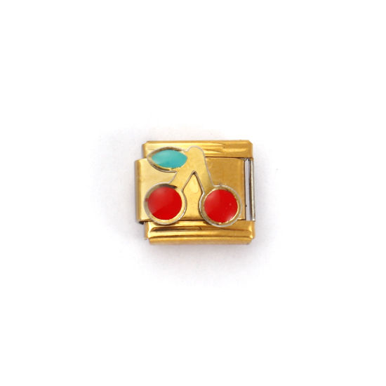 Image de 2 Pcs Bracelet à Maillons Breloques Italiens Accessories de Fabrication de Bracelets Bijoux DIY en 304 Acier Inoxydable Plaqué Or 18K Rouge Rectangle Cerises 10mm x 9mm