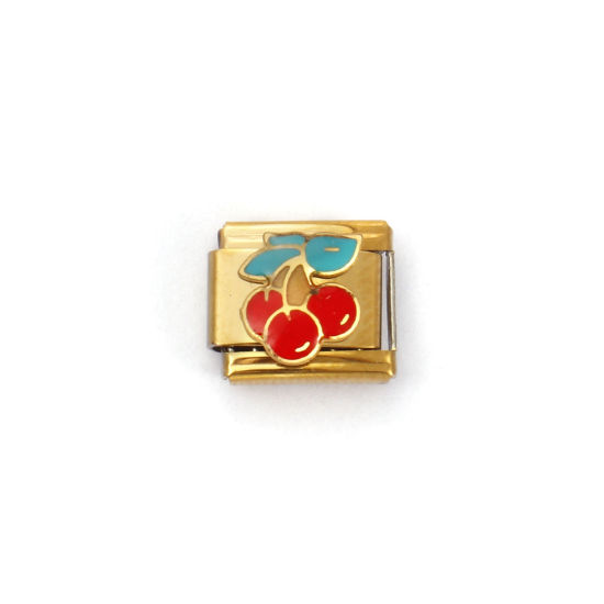 Image de 2 Pcs Bracelet à Maillons Breloques Italiens Accessories de Fabrication de Bracelets Bijoux DIY en 304 Acier Inoxydable Plaqué Or 18K Rouge Rectangle Cerises 10mm x 9mm