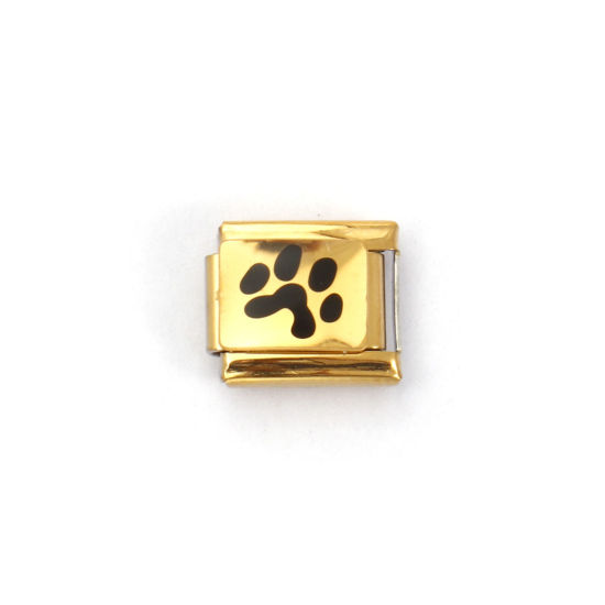 Image de 2 Pcs Bracelet à Maillons Breloques Italiens Accessories de Fabrication de Bracelets Bijoux DIY Mémorial d'Animaux Domestiques en 304 Acier Inoxydable Plaqué Or 18K Noir Rectangle Empreinte de Patte 10mm x 9mm