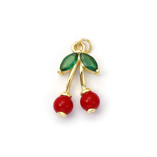 Image de 1 Pièce Breloques Respectueux de la Nature en Laiton & Acrylique Plaqué Or Véritable 18K Rouge Cerise 3D à Zircone Cubique Vert 26mm x 14mm
