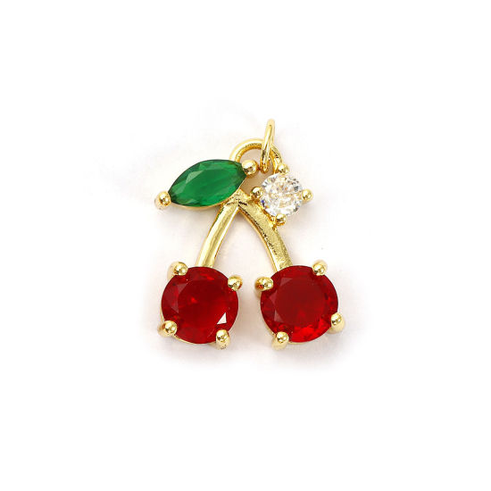 Image de 1 Pièce Breloques Respectueux de la Nature en Laiton Plaqué Or Véritable 18K Cerise à Zircone Cubique Rouge & Vert 23mm x 17mm