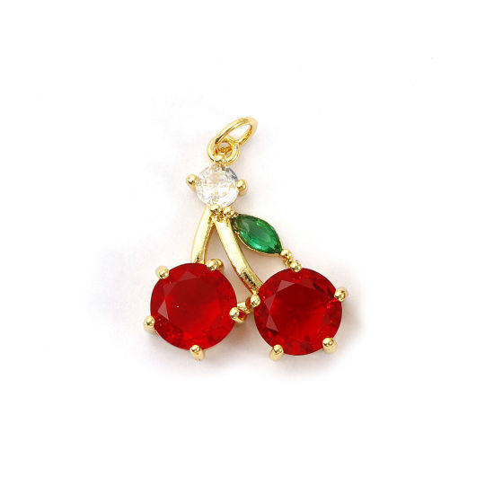 Image de 1 Pièce Breloques Respectueux de la Nature en Laiton Plaqué Or Véritable 18K Cerise à Zircone Cubique Rouge & Vert 24mm x 18mm