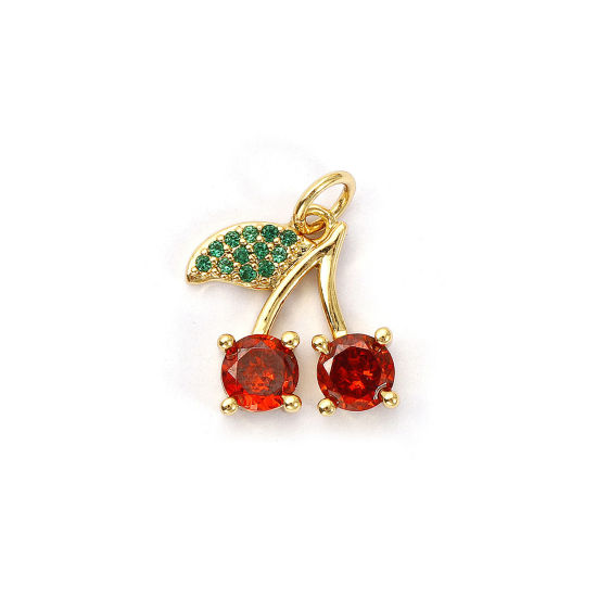 Image de 1 Pièce Breloques Respectueux de la Nature en Laiton Plaqué Or Véritable 18K Cerise Micro Pave à Zircone Cubique Rouge-orange 17mm x 13mm