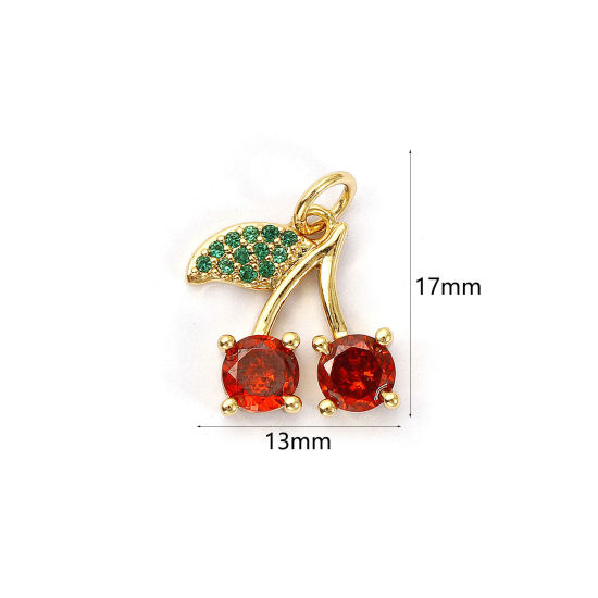 Image de 1 Pièce Breloques Respectueux de la Nature en Laiton Plaqué Or Véritable 18K Cerise Micro Pave à Zircone Cubique Rouge-orange 17mm x 13mm