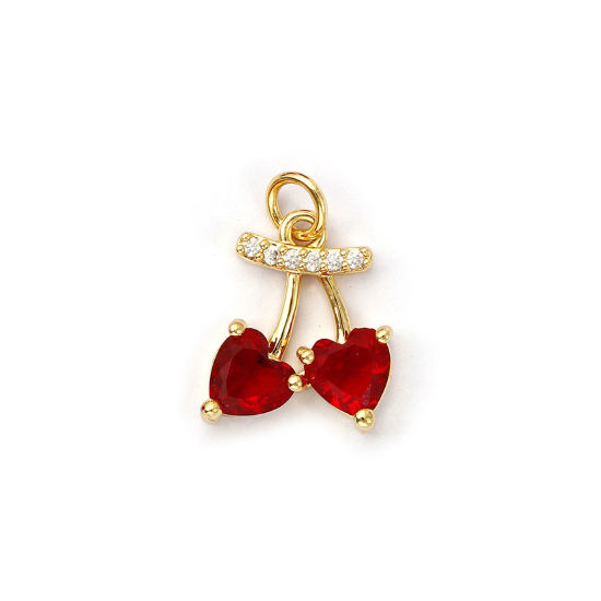 Image de 1 Pièce Breloques Respectueux de la Nature en Laiton Plaqué Or Véritable 18K Cerise Micro Pave à Zircone Cubique Rouge 19mm x 12mm