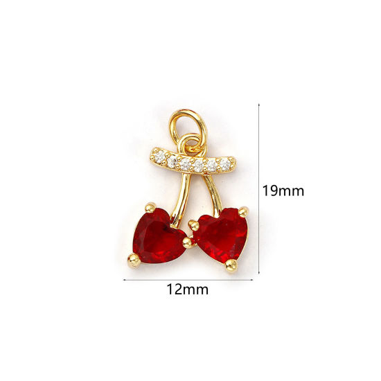 Image de 1 Pièce Breloques Respectueux de la Nature en Laiton Plaqué Or Véritable 18K Cerise Micro Pave à Zircone Cubique Rouge 19mm x 12mm