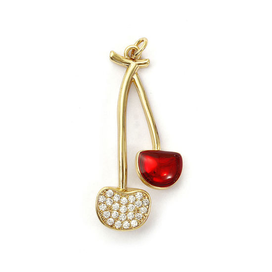 Image de 1 Pièce Pendentifs Respectueux de la Nature en Laiton Plaqué Or Véritable 18K Rouge Émail Cerise Micro Pave à Zircone Cubique Clair 4.2cm x 1.7cm
