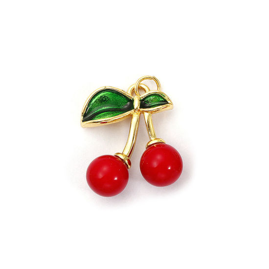 Image de 1 Pièce Breloques Respectueux de la Nature en Laiton & Acrylique Plaqué Or Véritable 18K Vert Émail Cerise 3D 24mm x 18mm