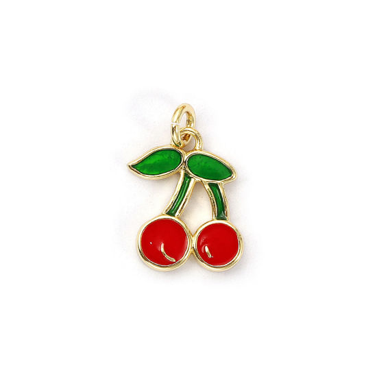 Image de 1 Pièce Breloques Respectueux de la Nature en Laiton Plaqué Or Véritable 18K Rouge & Vert Émail Cerise 15mm x 10mm