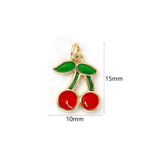 Image de 1 Pièce Breloques Respectueux de la Nature en Laiton Plaqué Or Véritable 18K Rouge & Vert Émail Cerise 15mm x 10mm