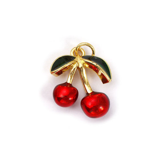 Image de 1 Pièce Breloques Respectueux de la Nature en Laiton Plaqué Or Véritable 18K Rouge & Vert Émail Cerise 3D 22mm x 15mm