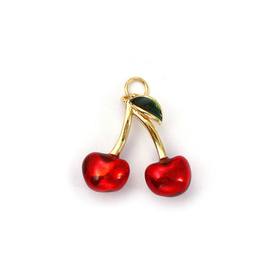 Image de 1 Pièce Breloques Respectueux de la Nature en Laiton Plaqué Or Véritable 18K Rouge & Vert Émail Cerise 3D 24mm x 22mm