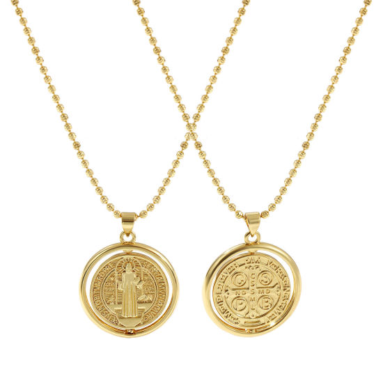 Image de Collier à Breloques Médaille Saint-Benoît Plaqué Or Véritable 18K en Laiton Pour Femmes, Chaîne Maille Bille 45cm + 5cm, Double Face Rotatif, Religieux Exquis Respectueux de la Nature, 1 Pièce