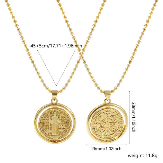 Image de Collier à Breloques Médaille Saint-Benoît Plaqué Or Véritable 18K en Laiton Pour Femmes, Chaîne Maille Bille 45cm + 5cm, Double Face Rotatif, Religieux Exquis Respectueux de la Nature, 1 Pièce