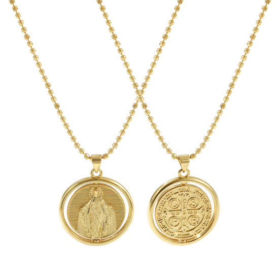 Image de Collier à Breloques Médaille Saint-Benoît Plaqué Or Véritable 18K en Laiton Pour Femmes, Chaîne Maille Bille 45cm + 5cm, Sainte Vierge Marie Double Face Rotatif, Religieux Exquis Respectueux de la Nature, 1 Pièce
