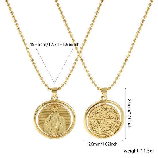 Image de Collier à Breloques Médaille Saint-Benoît Plaqué Or Véritable 18K en Laiton Pour Femmes, Chaîne Maille Bille 45cm + 5cm, Sainte Vierge Marie Double Face Rotatif, Religieux Exquis Respectueux de la Nature, 1 Pièce