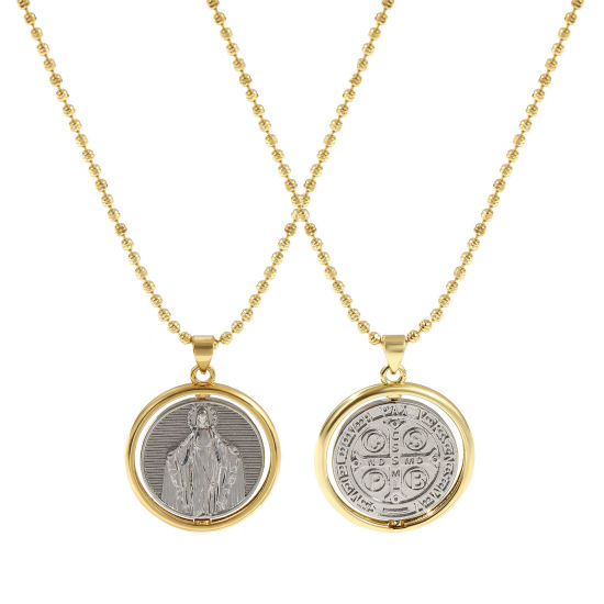 Image de Collier à Breloques Médaille Saint-Benoît Plaqué Or Véritable 18K & Plaqué Platine Véritable en Laiton Pour Femmes, Chaîne Maille Bille 45cm + 5cm, Sainte Vierge Marie Deux Couleurs Double Face Rotatif, Religieux Exquis Respectueux de la Nature, 1 Pièce