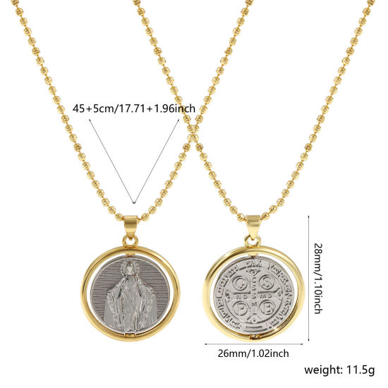 Image de Collier à Breloques Médaille Saint-Benoît Plaqué Or Véritable 18K & Plaqué Platine Véritable en Laiton Pour Femmes, Chaîne Maille Bille 45cm + 5cm, Sainte Vierge Marie Deux Couleurs Double Face Rotatif, Religieux Exquis Respectueux de la Nature, 1 Pièce