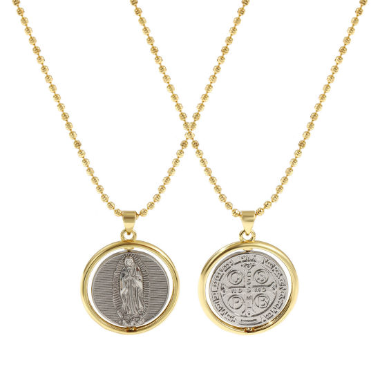 Image de Collier à Breloques Médaille Saint-Benoît Plaqué Or Véritable 18K & Plaqué Platine Véritable en Laiton Pour Femmes, Chaîne Maille Bille 45cm + 5cm, Sainte Vierge Marie Deux Couleurs Double Face Rotatif, Religieux Exquis Respectueux de la Nature, 1 Pièce