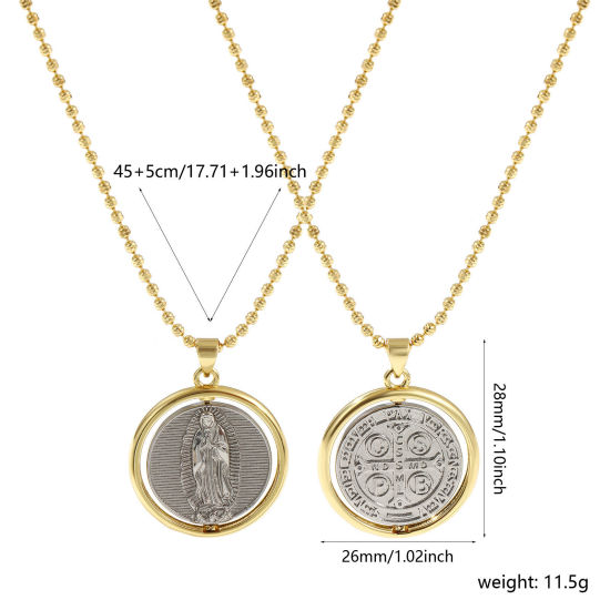 Image de Collier à Breloques Médaille Saint-Benoît Plaqué Or Véritable 18K & Plaqué Platine Véritable en Laiton Pour Femmes, Chaîne Maille Bille 45cm + 5cm, Sainte Vierge Marie Deux Couleurs Double Face Rotatif, Religieux Exquis Respectueux de la Nature, 1 Pièce