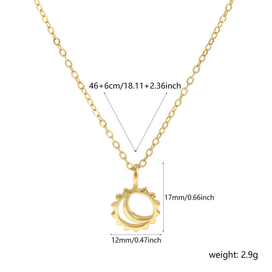 Image de Collier à Breloques Soleil & Lune Plaqué Or Véritable 18K en Laiton Pour Femmes, Chaîne Maille Forçat 46cm + 6cm, Galaxie Exquis Respectueux de la Nature, 1 Pièce