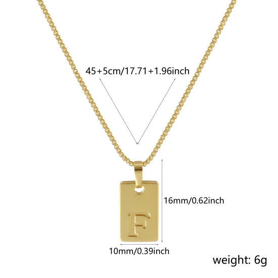 Image de Collier à Breloques Rectangle Plaqué Or Véritable 18K en Laiton Pour Femmes, Chaîne Maille Vénitienne 45cm + 5cm, Message " F " Alphabet Majuscule Lettre Initiale Minimaliste Cadeau, Respectueux de la Nature, 1 Pièce