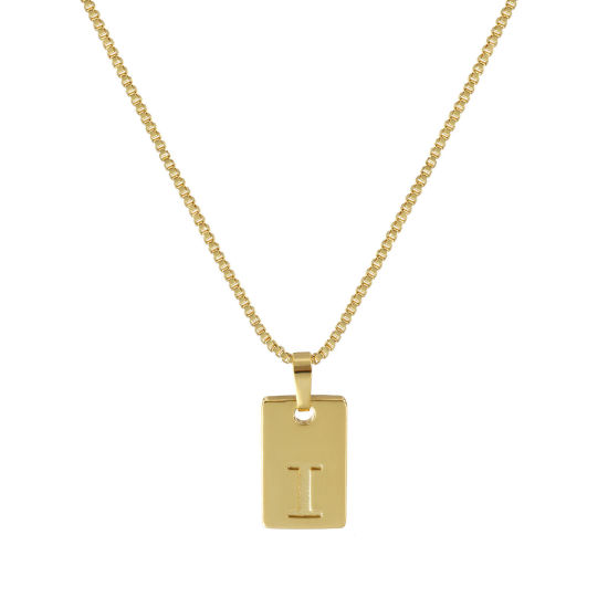 Image de Collier à Breloques Rectangle Plaqué Or Véritable 18K en Laiton Pour Femmes, Chaîne Maille Vénitienne 45cm + 5cm, Message " I " Alphabet Majuscule Lettre Initiale Minimaliste Cadeau, Respectueux de la Nature, 1 Pièce