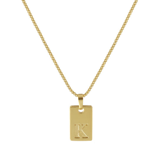 Image de Collier à Breloques Rectangle Plaqué Or Véritable 18K en Laiton Pour Femmes, Chaîne Maille Vénitienne 45cm + 5cm, Message " K " Alphabet Majuscule Lettre Initiale Minimaliste Cadeau, Respectueux de la Nature, 1 Pièce